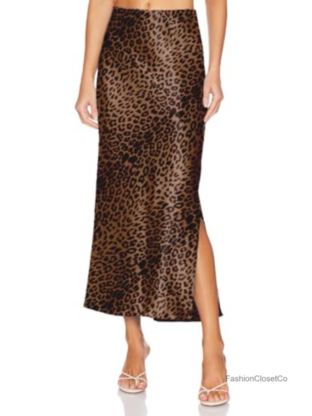 Satin Silk Maxi Slit Skirt High Split A-Line Flowy Hem Elastic Waist